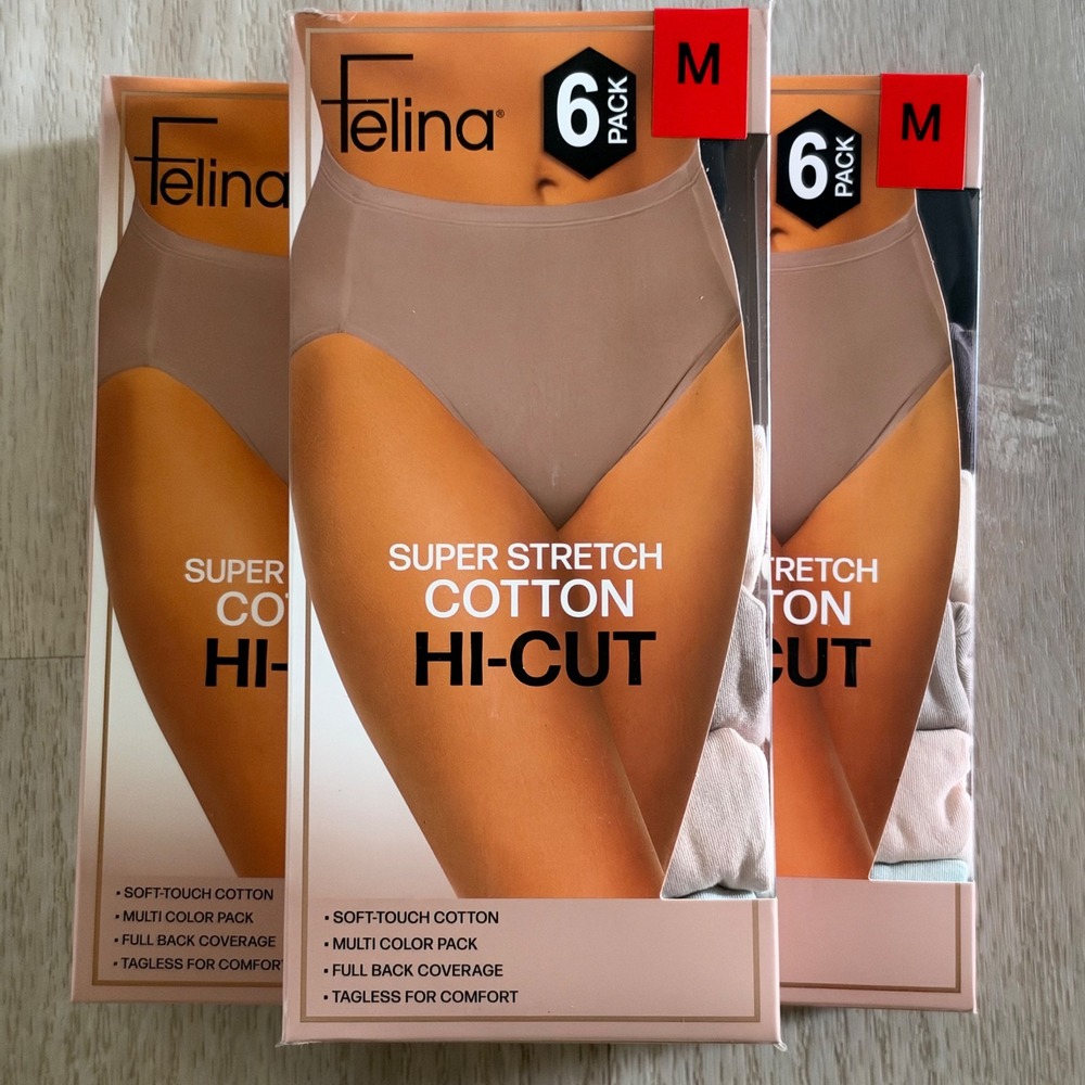 Felina Womens M 6 pk Hi-Cut Panties Multi Super Stretch Cotton Neutral Lot of 3